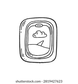 A simple black and white line drawing of an airplane window showing a cloud and a mountain peak outside