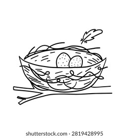 A simple black and white line drawing of a birds nest resting on a tree branch containing two speckled eggs and a single feather floating above.