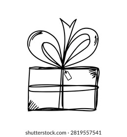 A simple black and white line drawing of a square present tied with a ribbon and bow featuring a small gift tag attached to the center string.