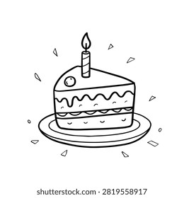 A simple black and white line drawing of a slice of layered cake topped with a single lit candle sitting on a small plate surrounded by confetti