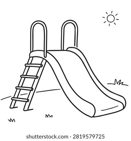 A simple black and white line drawing of a playground slide with a ladder and a sun in the sky