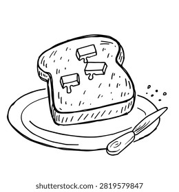 A simple black and white line drawing of a piece of bread topped with three melting butter pats on a round plate with a butter knife beside it.