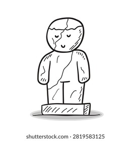 A simple black and white line drawing of a small smiling figurine with a crack running down its body, standing on a rectangular base.