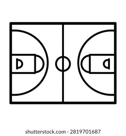 Simple black and white line drawing of a basketball court. Includes the key, free throw line, center circle, and sidelines. Ideal for sports and training.