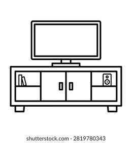 Simple black and white line drawing of a modern TV stand with a flat screen television on top