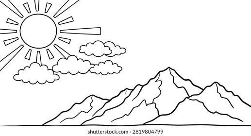 A simple black and white line drawing of a bright sun shining over a mountain range landscape