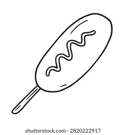 A simple black and white line drawing of a corn dog snack with a squiggle of mustard or ketchup on top