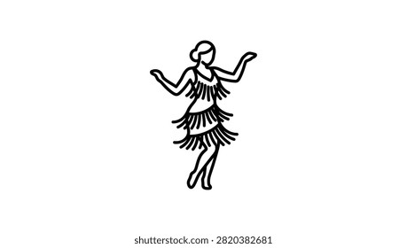 A simple black and white line drawing of a 1920s flapper girl performing a dance in a fringed dress on a white background