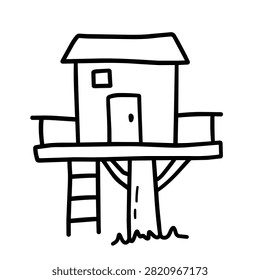 A simple black and white line drawing of a small wooden treehouse with a ladder and a flat roof isolated on a white background.