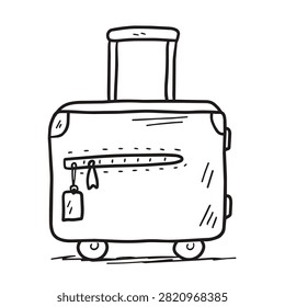 A simple black and white line drawing of a rolling suitcase with a luggage tag and zipper detail isolated on a white background.
