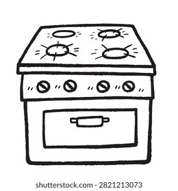 A simple black and white line drawing of a kitchen oven appliance featuring four circular burners on top and control knobs on the front panel