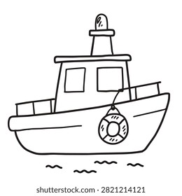 A simple black and white line drawing of a small motor boat with a life ring attached to the side and waves underneath.