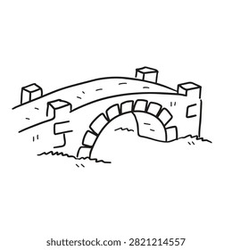 A simple black and white line drawing of a classic arched stone bridge spanning across a small river or stream.
