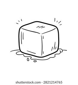A simple black and white line drawing of a single square ice cube starting to melt with a small puddle underneath.