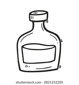 A simple black and white line drawing of a small glass bottle containing liquid isolated on a white background