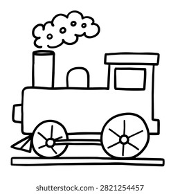 A simple black and white line drawing of a steam engine train with smoke coming out of the chimney perfect for children to color