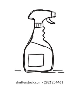 A simple black and white line drawing sketch of a household cleaning spray bottle with a trigger handle and label area.