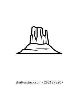 A simple black and white line drawing of a classic desert mesa or butte rock formation.