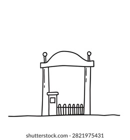 A simple black and white line drawing of a decorative arched gate featuring a small attached picket fence section and pillar detail