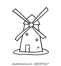 A simple black and white line drawing of a classic Dutch windmill with four sails, a door, and small windows.