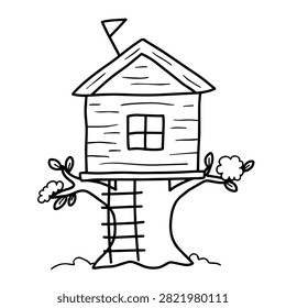 A simple black and white line drawing of a small wooden house built on top of a tree with a ladder and a flag on the roof