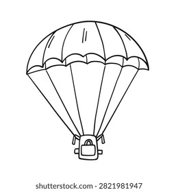 A simple black and white line drawing of a parachute with a backpack, isolated on a white background, representing skydiving or extreme sports.