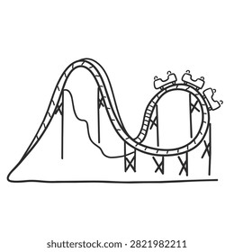 A simple black and white line drawing of a rollercoaster track with carriages moving along a loop and hill structure