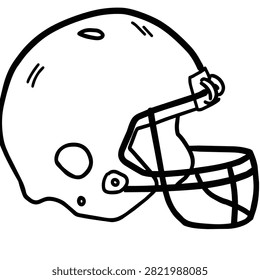 A simple black and white line drawing of a protective American football helmet isolated on a plain background for coloring pages