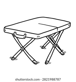 A simple black and white line drawing of a small, rectangular folding table with a carry handle and X-shaped legs, depicted in a casual sketch style.