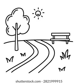 A simple black and white line drawing of a park featuring a tree, a path, a bench, and a smiling sun, isolated on a white background.