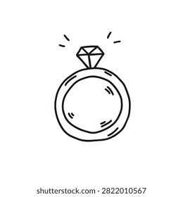 A simple black and white line drawing of a sparkling diamond ring isolated on a white background