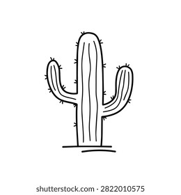 A simple black and white line drawing of a classic saguaro cactus with two arms isolated on a white background