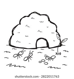 A simple black and white line drawing depicting a group of ants outside their small mound shaped home in nature