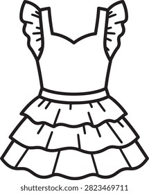 Simple black and white line drawing of a cute tiered skirt dress with puffed sleeves
