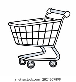 A simple black and white line drawing of an empty shopping cart, symbolizing shopping, retail, and commerce activities.