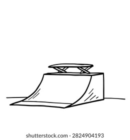 A simple black and white line drawing of a fingerboard quarter pipe ramp with a small toy skateboard sitting on the flat top platform