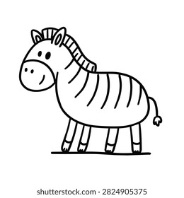 A simple black and white line drawing of a cute zebra, perfect for kids coloring books or educational projects.