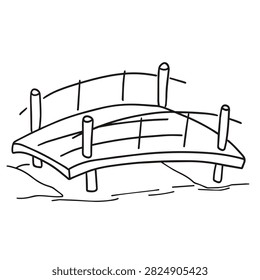 A simple black and white line drawing of a curved wooden bridge with railings over a small stream or path.