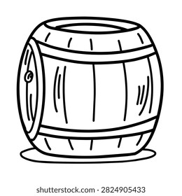 A simple black and white line drawing of a traditional wooden storage barrel with metal bands and a circular side bung hole.