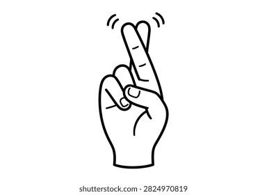 A simple black and white line drawing of a human hand with fingers crossed symbolizing good luck hope and superstition