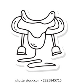 A simple black and white line drawing of a horse saddle with stirrups and reins isolated on a white background