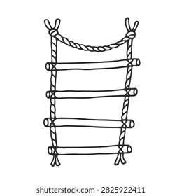 A simple black and white line drawing of a hanging rope ladder featuring twisted rope sides and horizontal wooden steps
