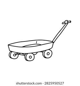 Simple black and white line drawing of a traditional red wagon toy with wheels and a pull handle isolated on a white background
