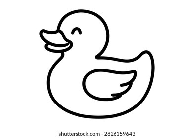 Simple black and white line drawing depicting a rubber duck, isolated on a white background, featuring a minimalist style.