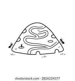 A simple black and white line drawing showing a conical anthill with visible tunnels and small ants crawling around the structure