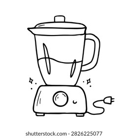 A simple black and white line drawing of an electric kitchen blender with a lid, handle, and power cord, depicted in a cute doodle style.