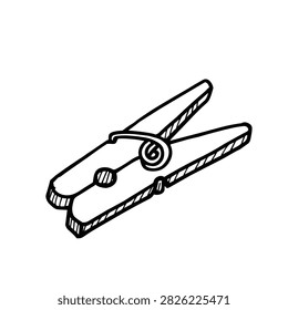 A simple black and white line drawing of a classic spring-loaded wooden clothespin used for hanging laundry