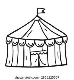 A simple black and white line drawing of a circus tent with a flag on top in a doodle style.