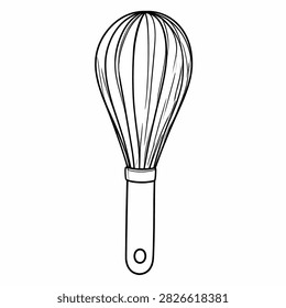 A simple black and white line drawing of a whisk, ideal for culinary, baking, or kitchen-themed projects and designs.