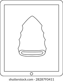 A simple black and white line drawing of a stylized arrowhead displayed on a tablet device.